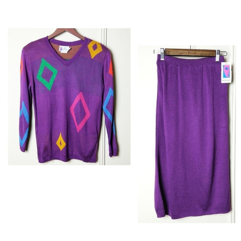 Vintage 80's Skirt Set Color Block Knit Sweater Skirt and Top Purple NWTs! Small